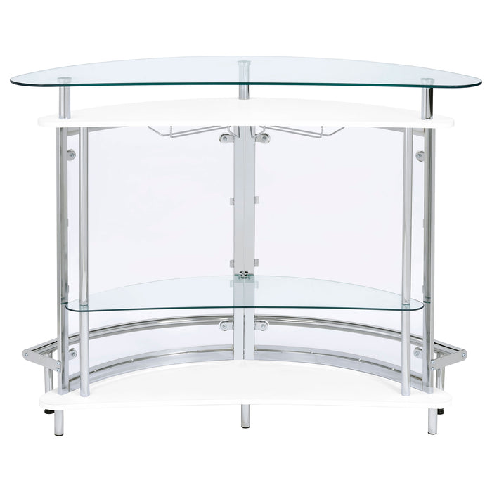 CoasterEssence Amarillo freestanding glass top home bar wine cabinet in white with shelves and wine storage area.
