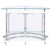 CoasterEssence Amarillo freestanding glass top home bar wine cabinet in white with shelves and wine storage area.