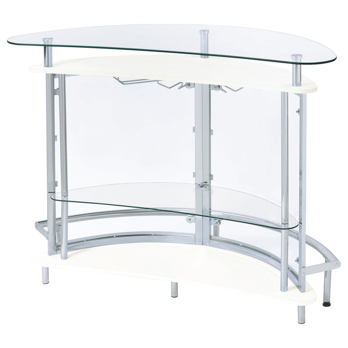 CoasterEssence Amarillo freestanding glass top home bar wine cabinet in white, showcasing a modern furniture piece with glass surface and storage.