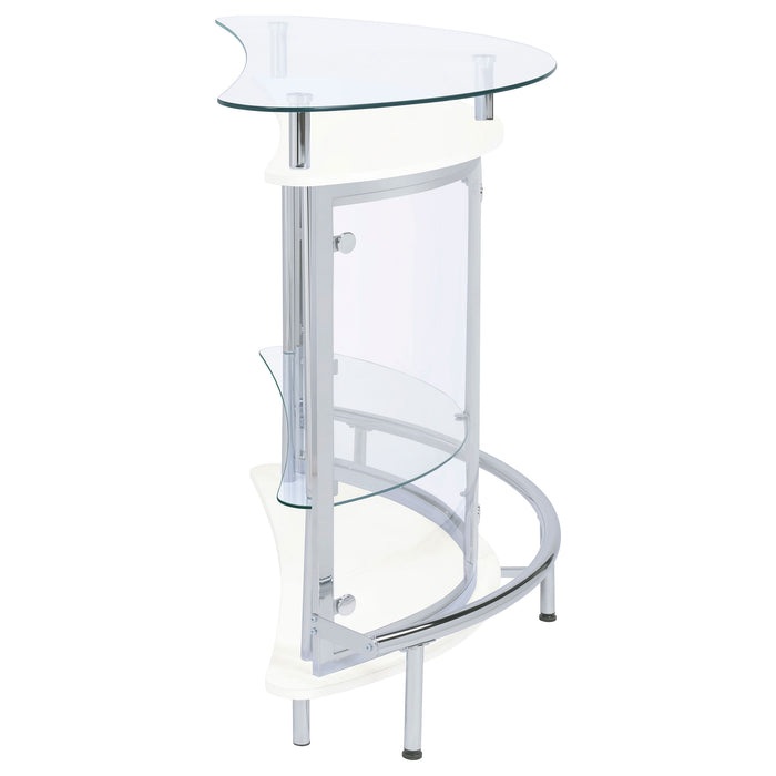 White freestanding glass top home bar wine cabinet by CoasterEssence with shelves and storage space for bottles and glassware.