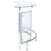 White freestanding glass top home bar wine cabinet by CoasterEssence with shelves and storage space for bottles and glassware.