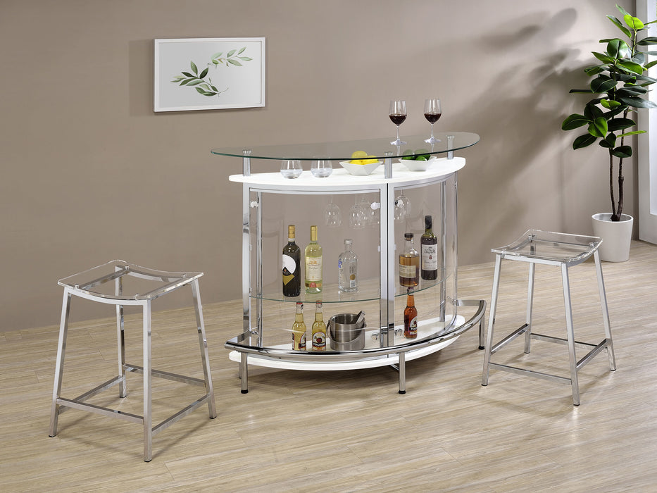 Amarillo freestanding glass top home bar wine cabinet in white, featuring a sleek design with glass doors and storage for wine bottles.
