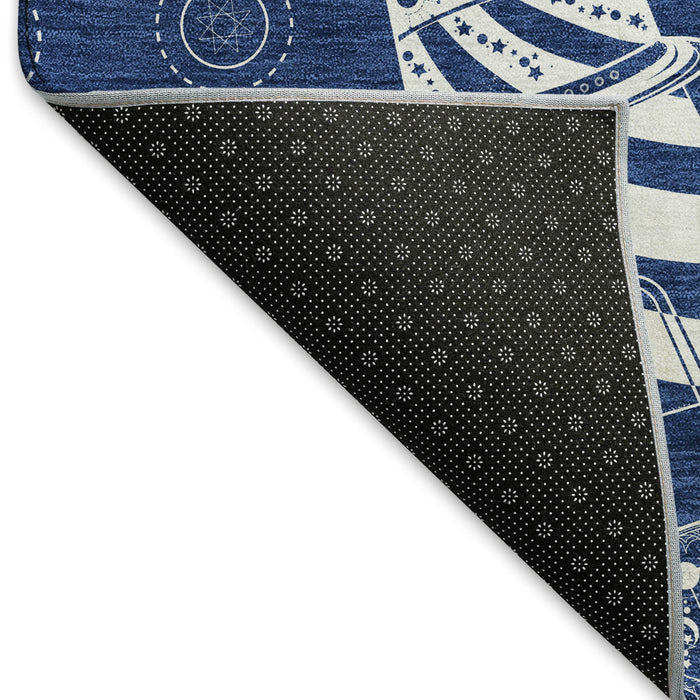 8' Nautical Washable Round Rug With UV Protection - Navy Blue And Ivory