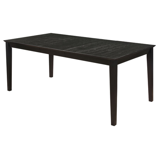 Black Louis rectangular 78-inch extension leaf dining table by CoasterEveryday, showing the sleek wooden surface and sturdy legs.