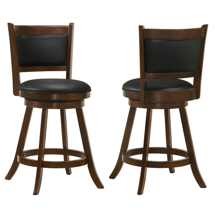 Set of two CoasterEssence Broxton upholstered swivel counter chairs in chestnut with padded seats and backrests, modern furniture style.