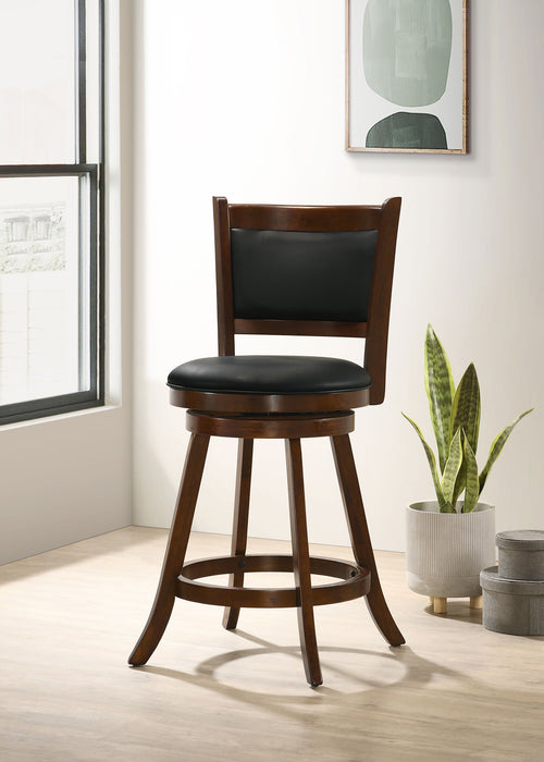 Set of two CoasterEssence Broxton upholstered swivel counter chairs in chestnut fabric, featuring padded seats and backrests for comfort.