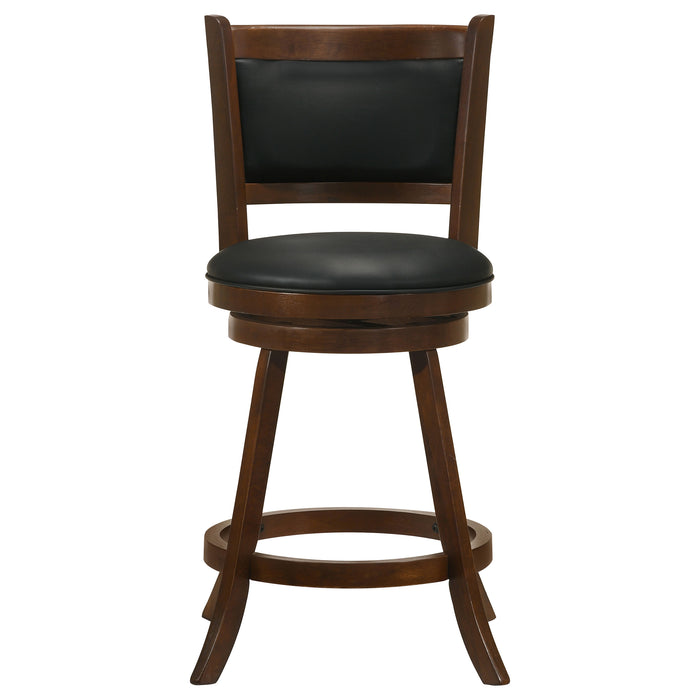 Set of two CoasterEssence Broxton upholstered swivel counter chairs in chestnut with padded seats and backrests, on a wooden floor.
