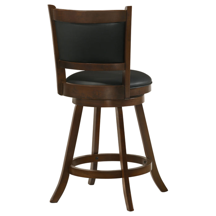 Pair of CoasterEssence Broxton upholstered swivel counter chairs in chestnut finish, featuring padded seats and modern design.