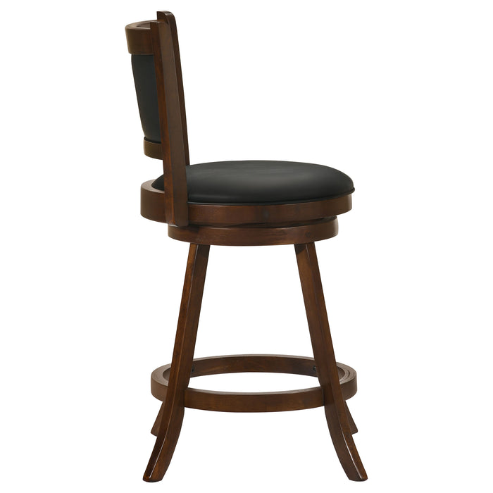 Set of two CoasterEssence Broxton Upholstered Swivel Counter Chairs in chestnut with padded seats and backrests, perfect for kitchen or bar area.