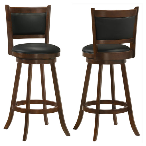 Pair of CoasterEssence Broxton upholstered swivel bar chairs in chestnut, with cushioned seats and modern furniture design.