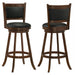Pair of CoasterEssence Broxton upholstered swivel bar chairs in chestnut, with cushioned seats and modern furniture design.