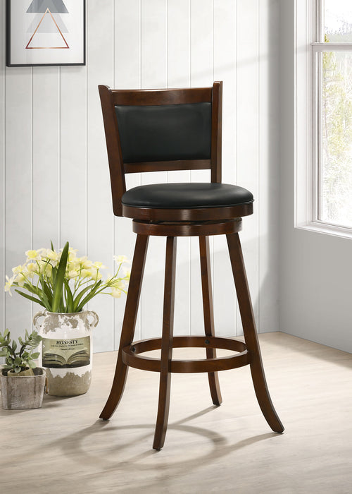 Set of two CoasterEssence Broxton upholstered swivel bar chairs in chestnut with padded seats and backrests, modern furniture design