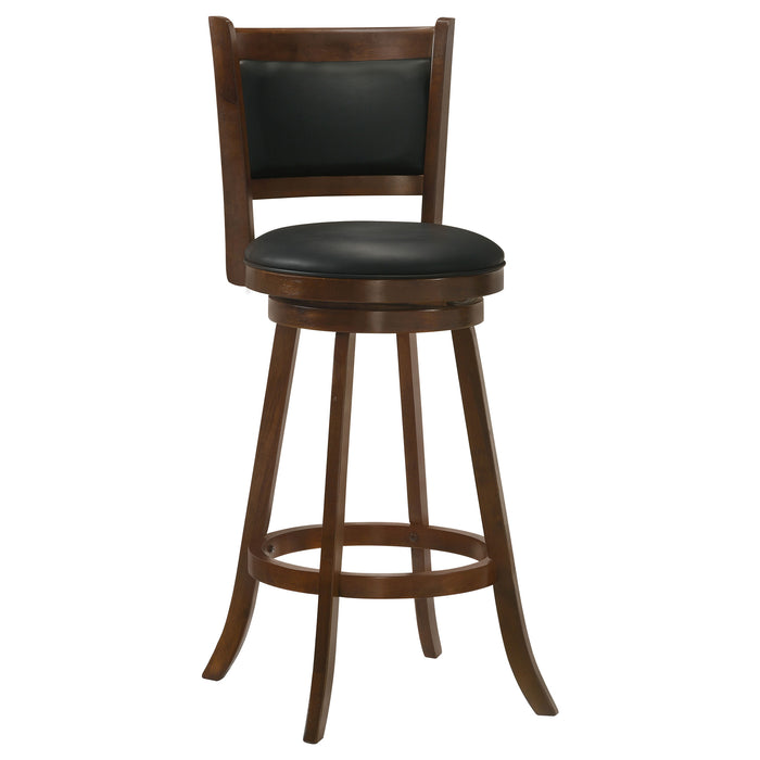 Set of two Broxton upholstered swivel bar chairs in chestnut finish, featuring padded seats and modern furniture design.
