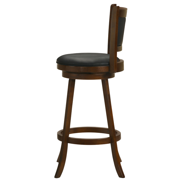 Pair of CoasterEssence Broxton upholstered swivel bar chairs in chestnut with cushioned seats and backrests, set of two.
