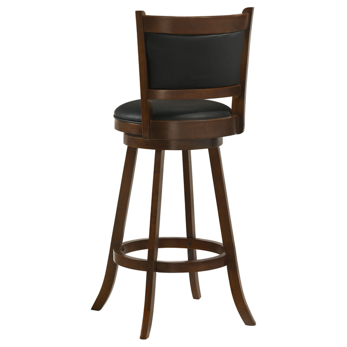 Pair of Broxton upholstered swivel bar chairs with chestnut fabric and modern design, featuring metal bases and padded seats.