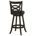Set of two Calecita wood swivel bar chairs in cappuccino finish with rounded wooden seats and metal bases, designed for modern kitchen or bar area.