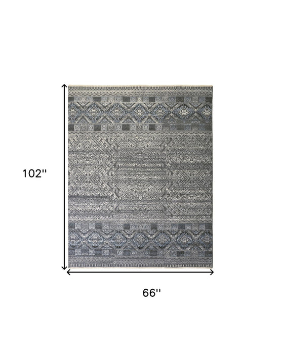 6' x 9' Geometric Hand Knotted Area Rug - Gray Ivory And Blue