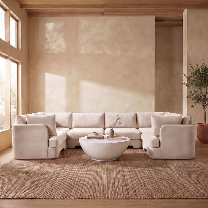 Meridian Furniture Hammond velvet performance fabric 6-piece U-shaped sectional sofa with plush upholstery and modern design.