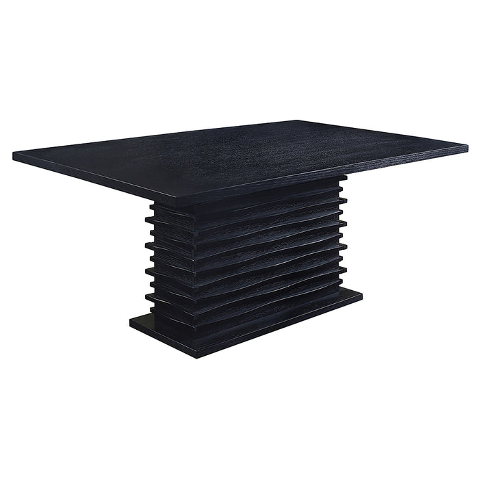 Black Stanton rectangular 66-inch dining table by CoasterEssence, showcasing a sleek wooden surface and sturdy legs.