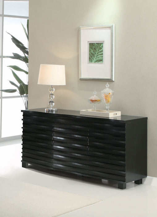 CoasterEssence Stanton black 3-drawer sideboard buffet storage cabinet with sleek design and ample drawer space.