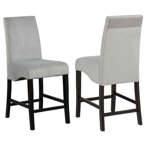 Set of two CoasterEssence Stanton velvet upholstered counter chairs in grey with sleek wooden legs, ideal for modern dining spaces.