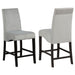 Set of two CoasterEssence Stanton velvet upholstered counter chairs in grey with sleek wooden legs, ideal for modern dining spaces.
