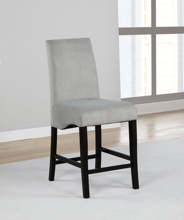 Set of two CoasterEssence Stanton velvet upholstered counter chairs in grey with cushioned seats and sleek metal legs.