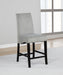 Set of two CoasterEssence Stanton velvet upholstered counter chairs in grey with cushioned seats and sleek metal legs.
