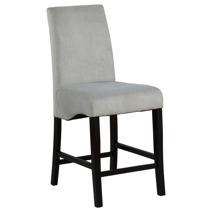 Pair of CoasterEssence Stanton velvet upholstered counter chairs in grey with cushioned seats and sleek metal legs.