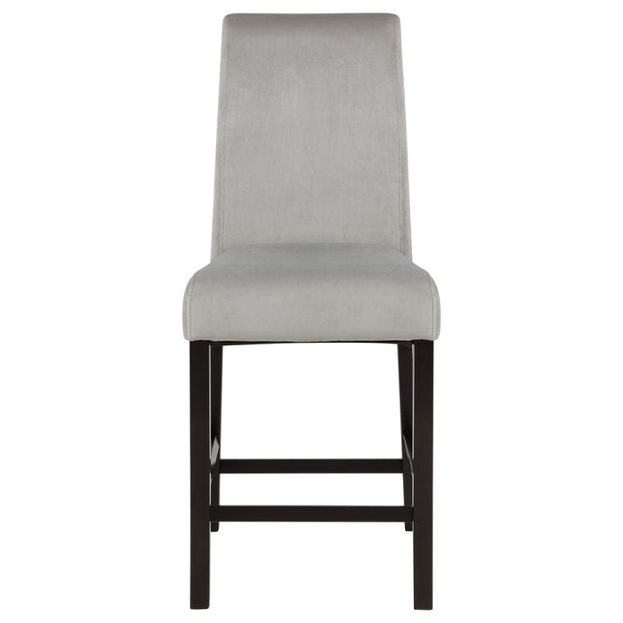 Set of two CoasterEssence Stanton velvet upholstered counter chairs in grey with sleek wooden legs for modern dining or kitchen use.