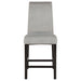 Set of two CoasterEssence Stanton velvet upholstered counter chairs in grey with sleek wooden legs for modern dining or kitchen use.
