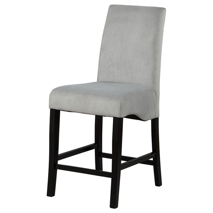 Set of two CoasterEssence Stanton velvet upholstered counter chairs in grey with sleek, modern design and comfortable seating.