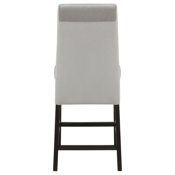 Set of two CoasterEssence Stanton velvet upholstered counter chairs in grey with cushioned seats and sleek legs.