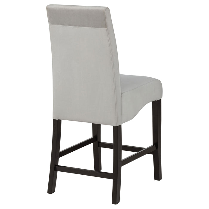 Set of two CoasterEssence Stanton velvet upholstered counter chairs in grey with cushioned seats and sleek wooden legs.