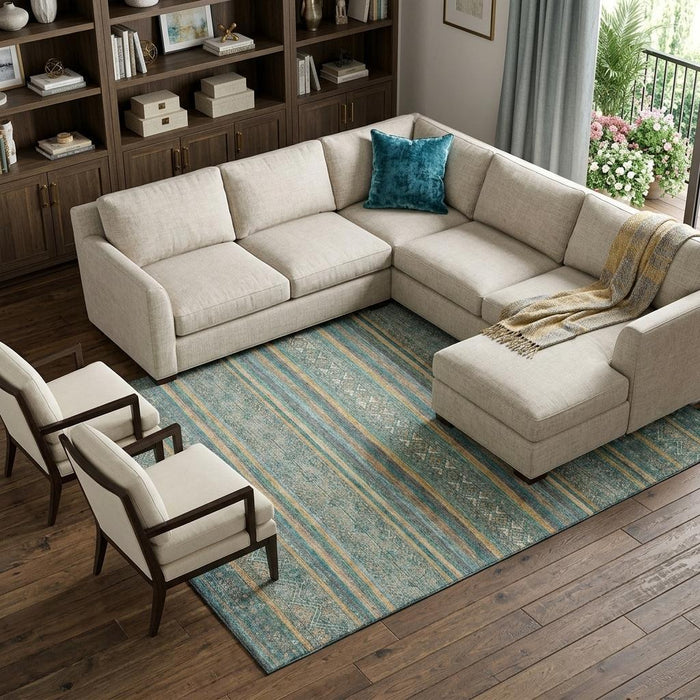 10' X 14' Striped Washable Area Rug With UV Protection (695822) - Teal / Gold / Blue