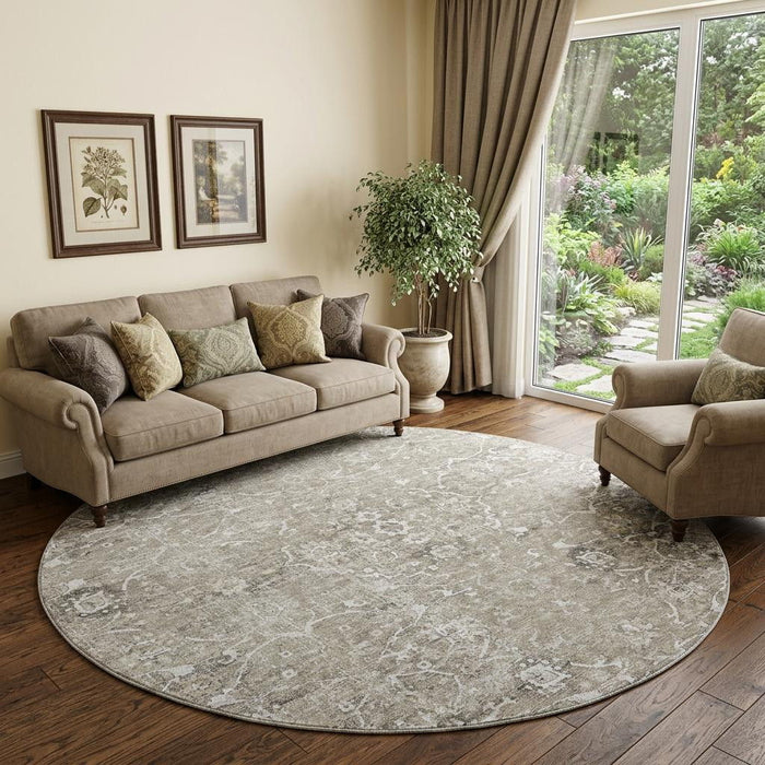 8' Floral Medallion Distressed Washable Round Rug With UV Protection (644207) - Stone / Coffee
