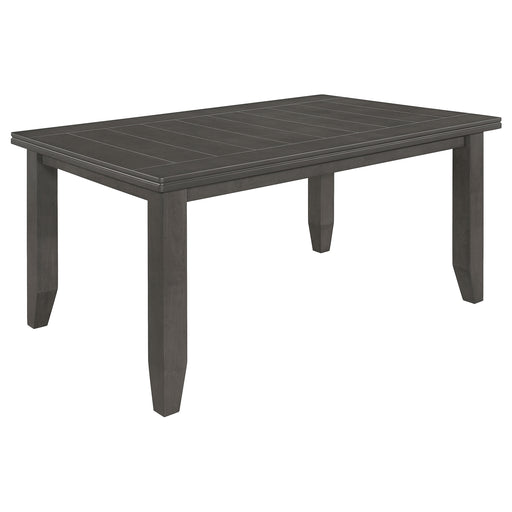 Dark grey Dalila rectangular 66-inch wood dining table by CoasterEveryday, showcasing its sleek, modern furniture design.