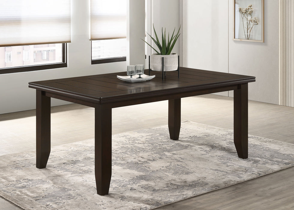 Dalila rectangular 66-inch wood dining table in cappuccino finish, showcasing smooth surface and sturdy wooden legs.