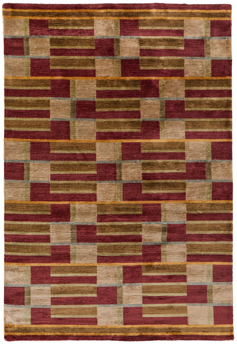 9' X 12' Striped Hand Knotted Area Rug (744364) - Gold / Green / Red