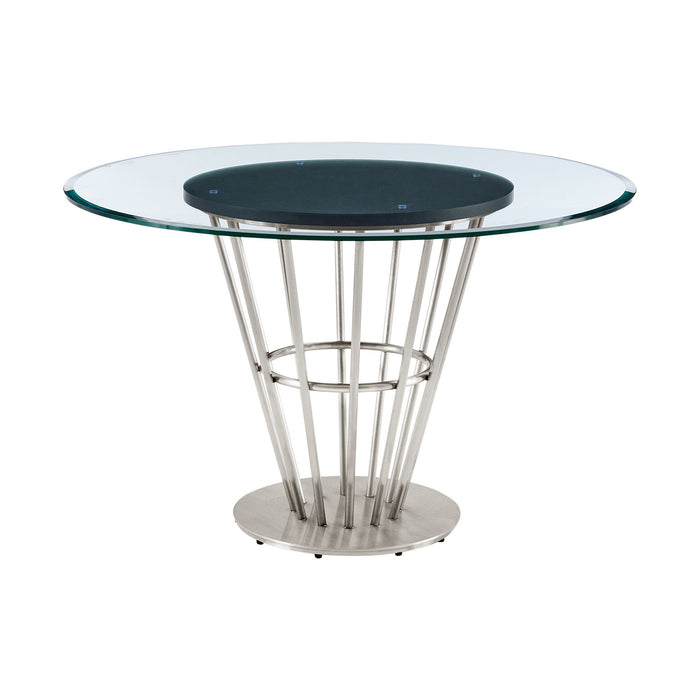 48" Glass And Stainless Steel Pedestal Base Round Top Dining Room Table - Brown