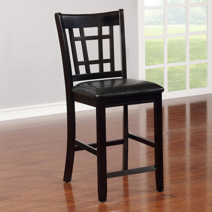 Set of two CoasterEveryday Lavon wood counter height dining chairs in black and espresso, showcasing sleek, modern furniture design.