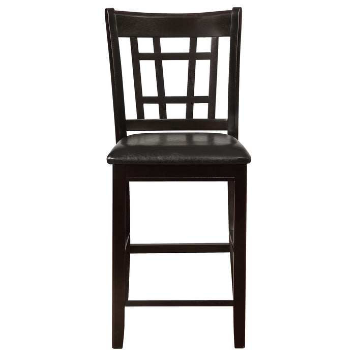 Pair of CoasterEveryday Lavon wood counter height dining chairs in black and espresso with sleek design and cushioned seats.
