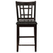Pair of CoasterEveryday Lavon wood counter height dining chairs in black and espresso with sleek design and cushioned seats.