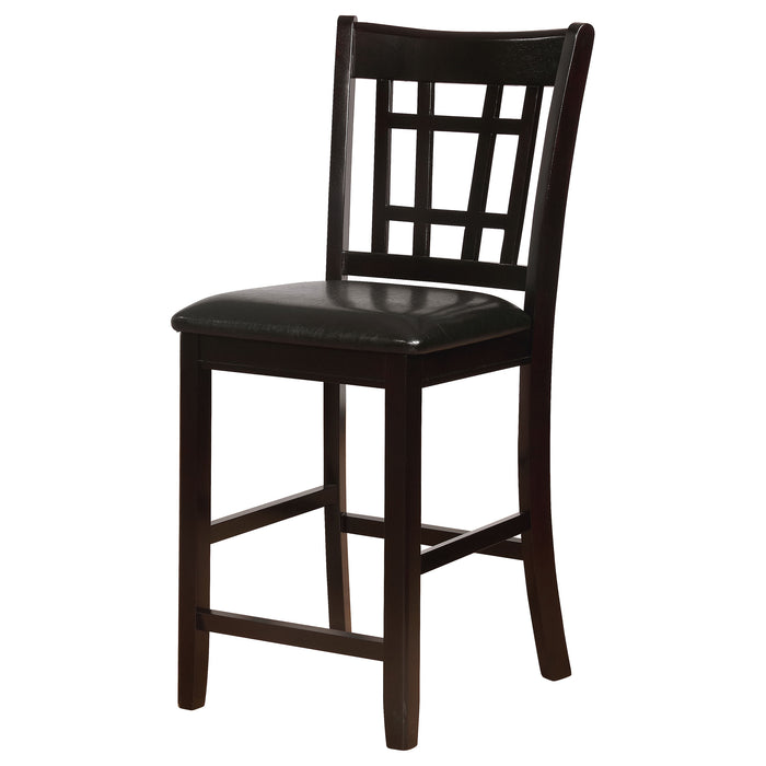 Set of two CoasterEveryday Lavon wood counter height dining chairs in black and espresso with sleek modern design.