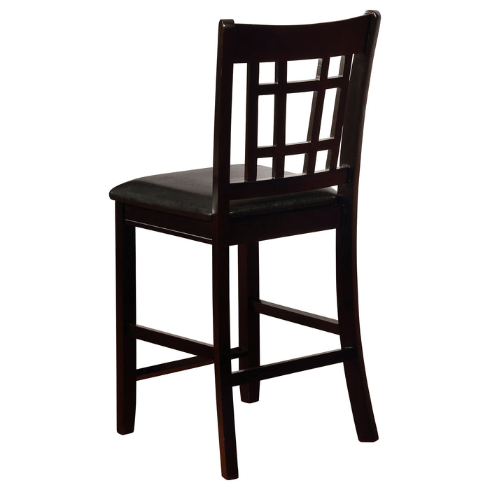 Pair of CoasterEveryday Lavon wood counter height dining chairs in black and espresso with sleek, modern design.