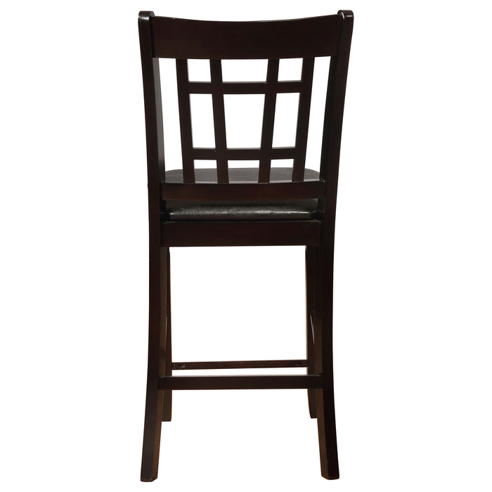 Set of two CoasterEveryday Lavon wood counter height dining chairs in black and espresso with sleek, modern design and wood finish.