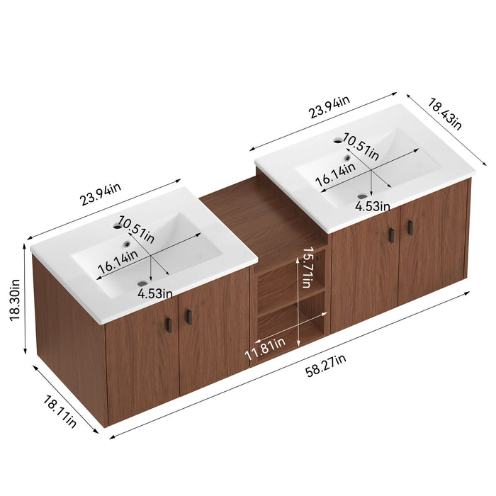 Giga soft close bathroom vanity with small storage shelves, 24-inch and 12-inch combination cabinet in reddish brown finish.
