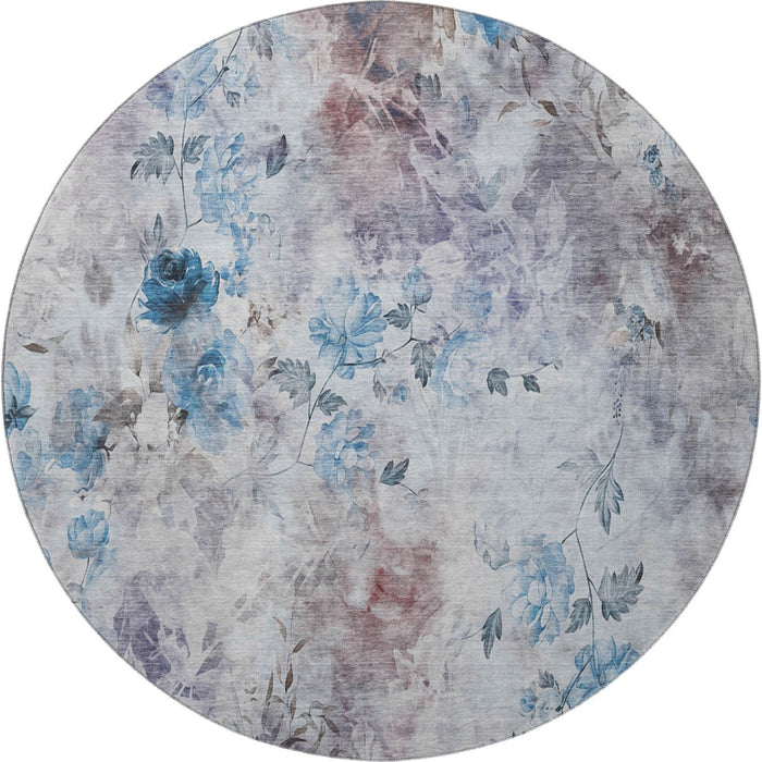 8' Floral Washable Round Rug With UV Protection (657698) - Blue / Blush / Ivory