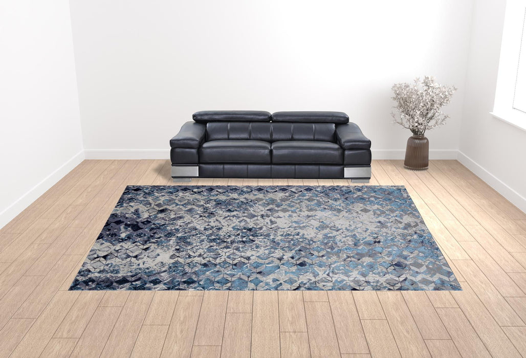 12' x 15' Geometric Power Loom Distressed Area Rug - Blue Ivory And Gray