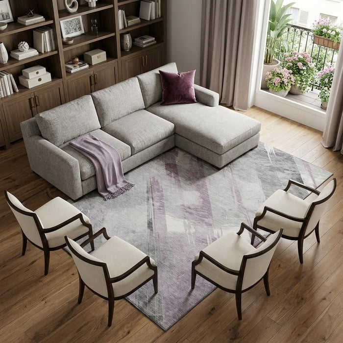 10' X 14' Striped Washable Area Rug With UV Protection (694290) - Lavender / Gray / Silver